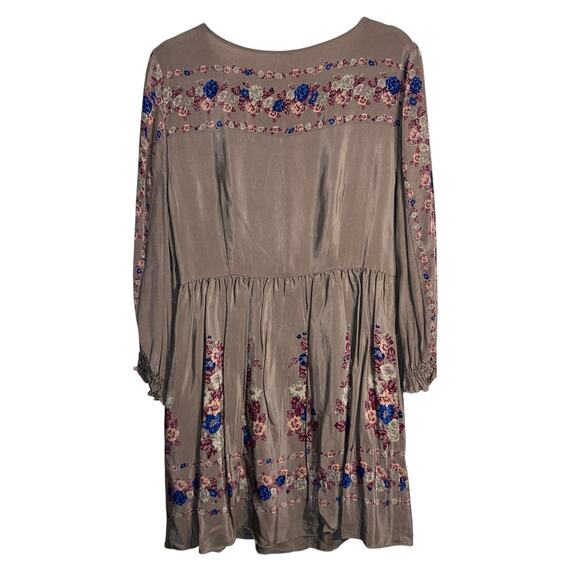Free People Floral Babydoll Dress Taupe Long Sleeve Boho Size 10 - Picture 3 of 8